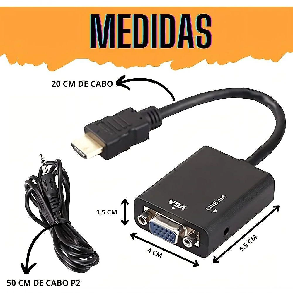Cabo Conversor HDMI para VGA Adaptador com Áudio Estéreo P2 Plug And Play LF Presentes