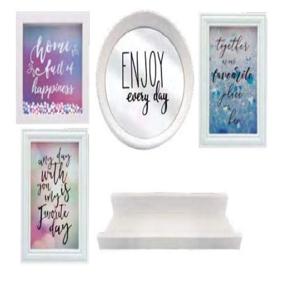 Kit Decoracao Prateleira Espelho Quadro E Porta Retrato De Parede Completo Com 5 Peças Casa Sala Escritorio