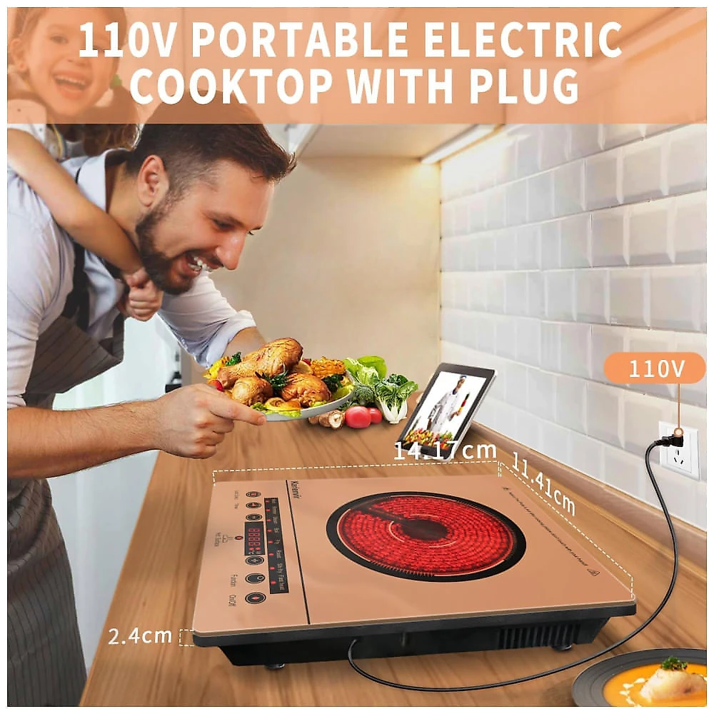 Cooktop Elétrico Portátil de 1 Boca, Fogão Elétrico 110V com Plugue, Touch Screen com Trava de Segurança, Timer, 9 Níveis de Potência.Karienvir