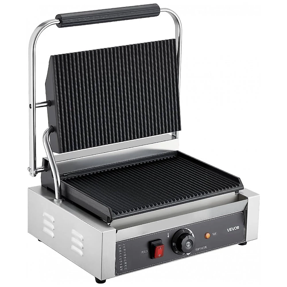 Grill Panini Comercial VEVOR 1800W Inox Placa Canelada 34x24cm Controle de Temperatura 110V