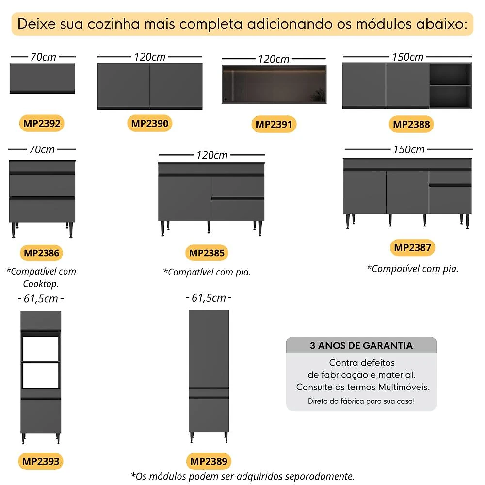 Cozinha Modulada Completa 301,5cm Milano Multimóveis MP2403 Grafite
