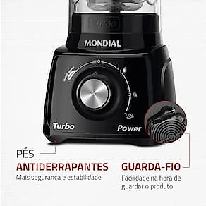 Liquidificador Mondial Turbo Power L-99 FB Copo San Cristal 3 Velocidades 550W Preto 110V