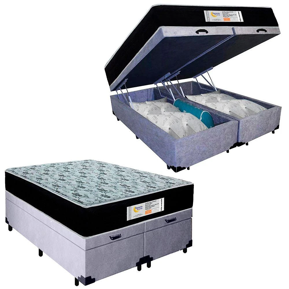 Cama Box Baú Casal Bipartido 138x188 Sonnolux com Colchão Molas Ensacadas Suede Cinza