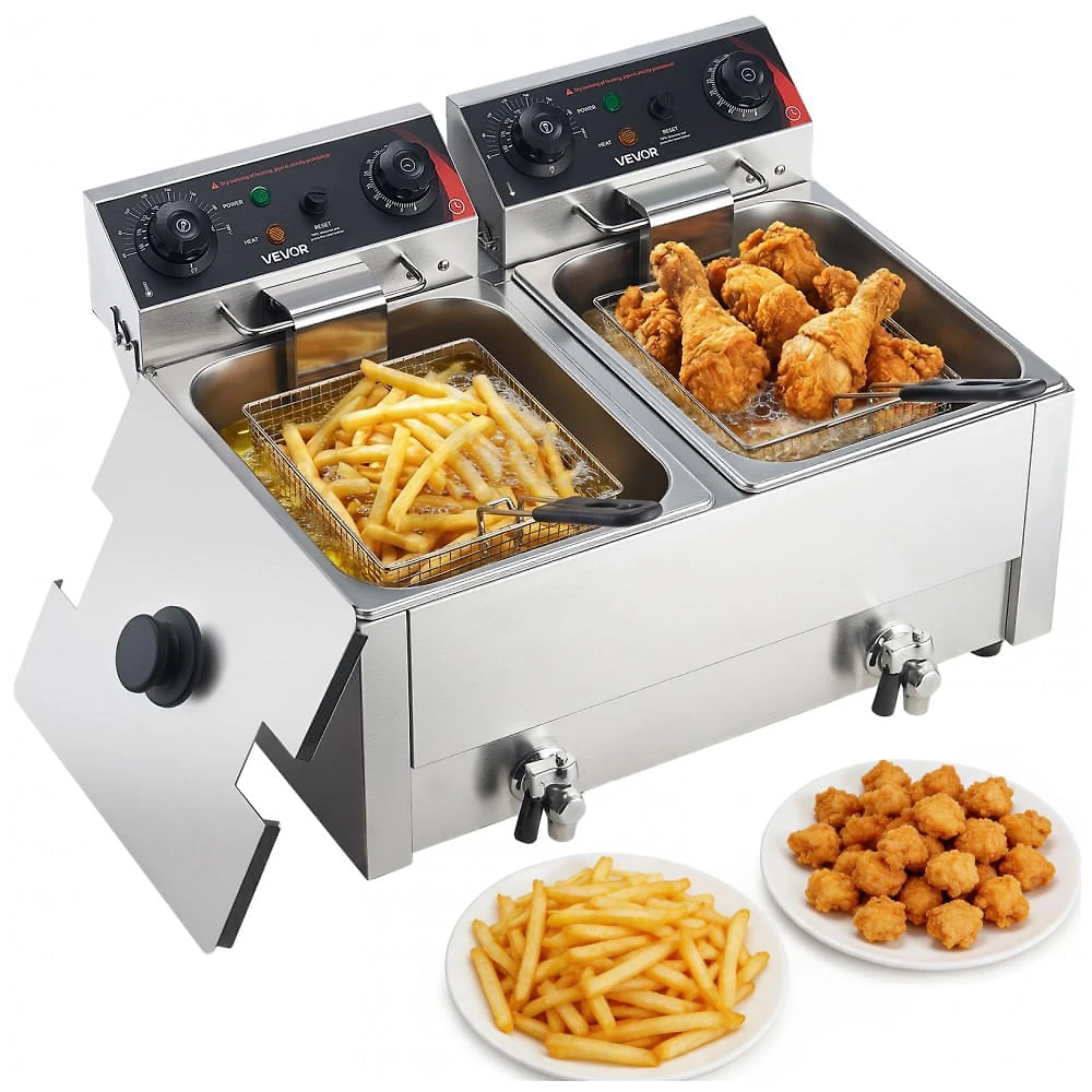 Fritadeira Elétrica Comercial VEVOR Duplo Tanque 18L Aço Inox com Temporizador e Dreno de Óleo 110V