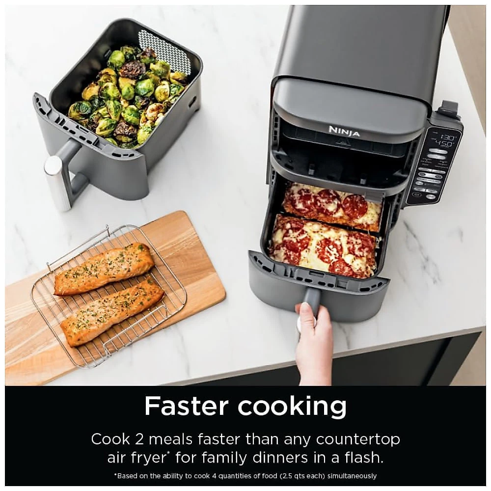 Fritadeira Elétrica Ninja Duplo Andar XL 9,5 Litros 2 Cestos Air Fryer, Tecnologia Smart Cook System, Cozimento Duplo de 4 Alimentos, Termômetro,