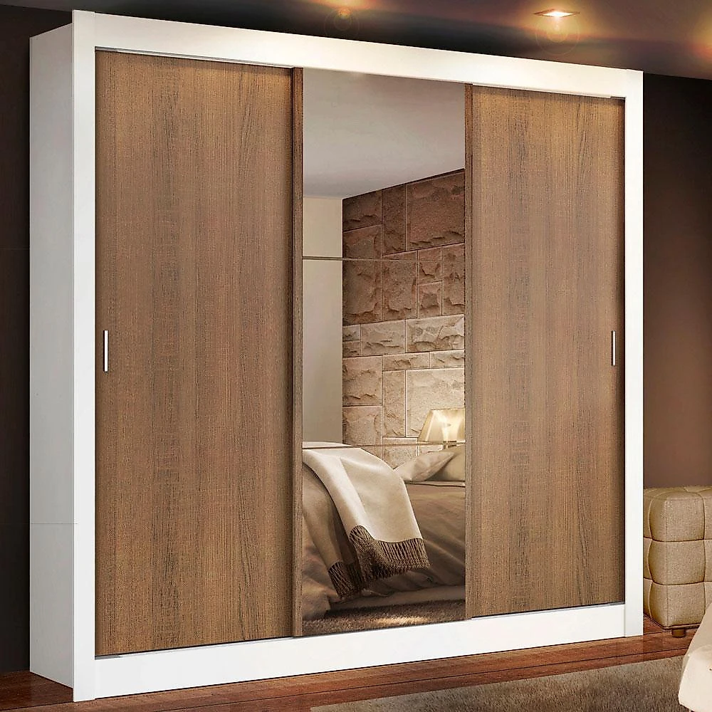 Guarda roupa casal madesa lyon 3 portas de correr com espelho 2 gavetas - branco/rustic