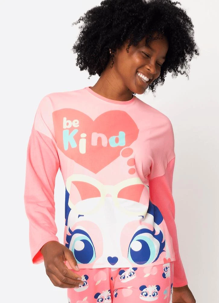 Pijama manga longa viscolycra feminino panda romântico