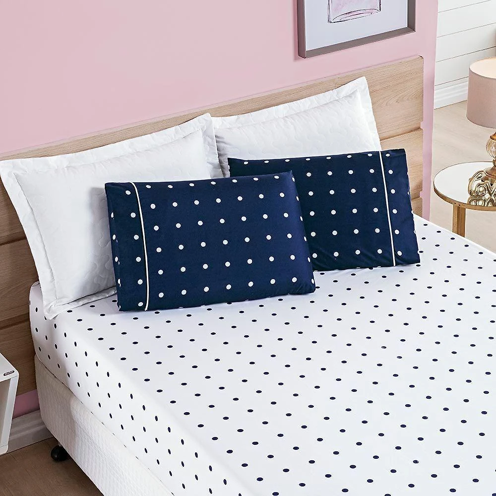 Jogo De Cama Lençol Celine Solteiro 02 Peças Micropercal 200 Fios Bolinhas - Azul Marinho