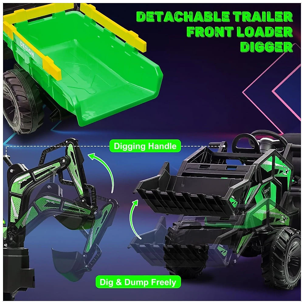 Trator Infantil Elétrico GarveeLife Verde 24V 3 em 1 Escavadeira Buldôzer Trailer Controle Remoto Luzes LED Bluetooth