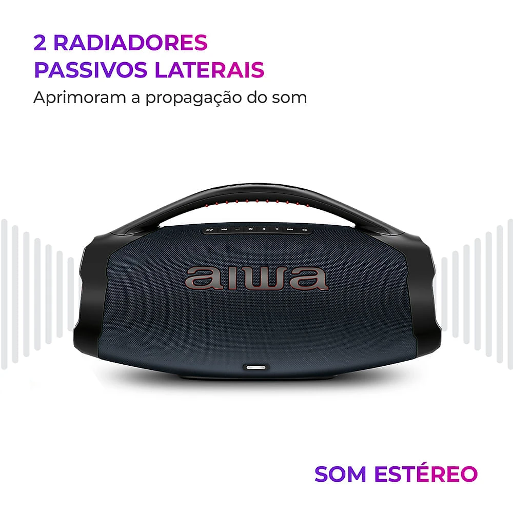 Caixa de Som Boombox Plus AIWA BBS-01-LBL 200W BT 30H IP66 USB RGB BOOMBOX C/ LUZES AWS-BBS-01-LBL BIVOLT