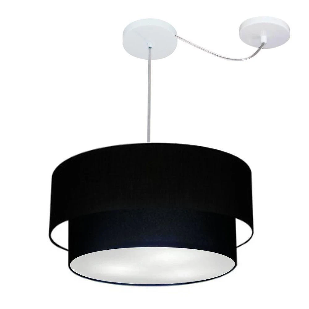 Lustre Pendente Duplo Cilíndrico Com Desvio De Centro Vivare Md-4366 Cúpula Em Tecido 50x40cm - Bivolt Preto 127/220v
