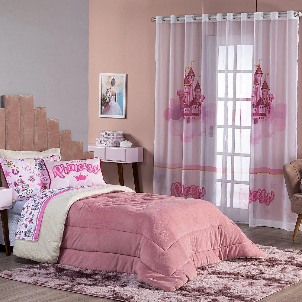 Kit Coberdrom Cobertor Casal Padrão Princesa Rosê Dupla Face Com Almofada Estampada 04 Peças - Tecido Mantinha E Sherpa