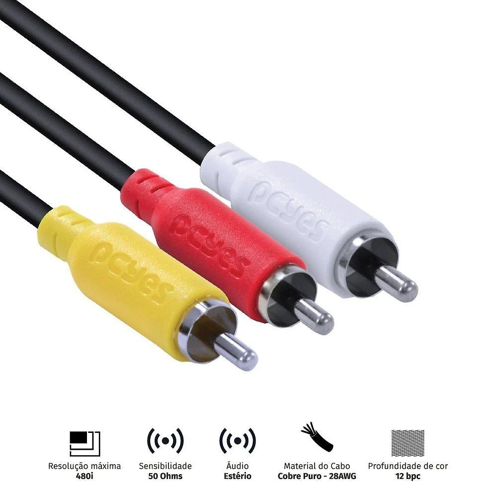 Cabo de Vídeo Pcyes P3R-2 para Tvs Dvds e Conversores Digitais 3 Rca Macho 2 Metros