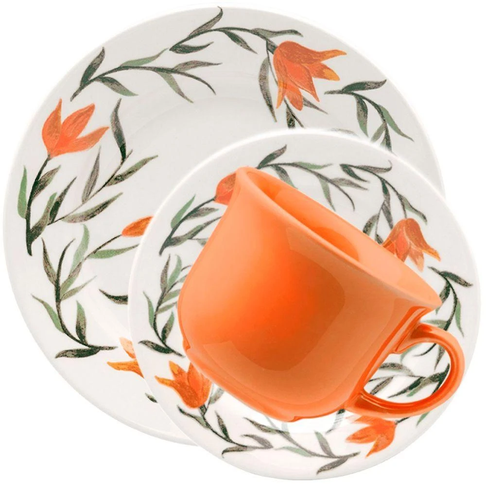 Jogo de Café e Lanche Donna Lírios 12 Peças Cerâmica para Mesa Posta Branco Oxford