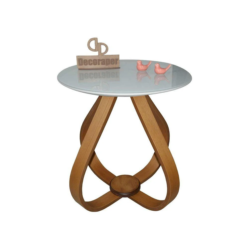 Mesa Lateral Cebola Redonda Vidro MDF 50CM Off White Decoraper