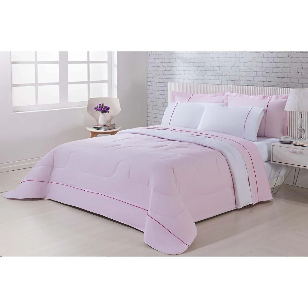 Edredom 100% Algodão Percal 150 Fios Dupla Face Solteiro Gran Moratta 1 Peça - Rosa-branco