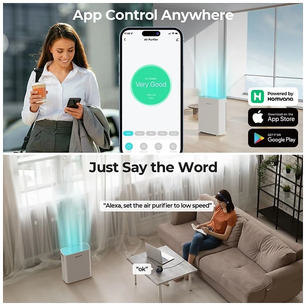 Purificador de ar inteligente para ambientes amplos de até 1.250 pés quadrados, com filtro H13 True lavável Homvana 110v