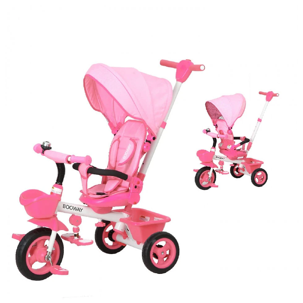 Triciclo Infantil para Passeio com Assento Ajustável 6 Estágios, Idade Recomendada 1 a 6 Anos, BOOWAY, Rosa