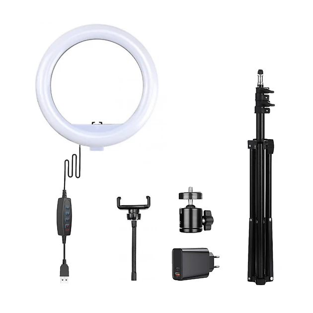 Iluminador LED Ring Light 30cm BiColor 20W com Fonte USB Tripé e Suporte de Celular