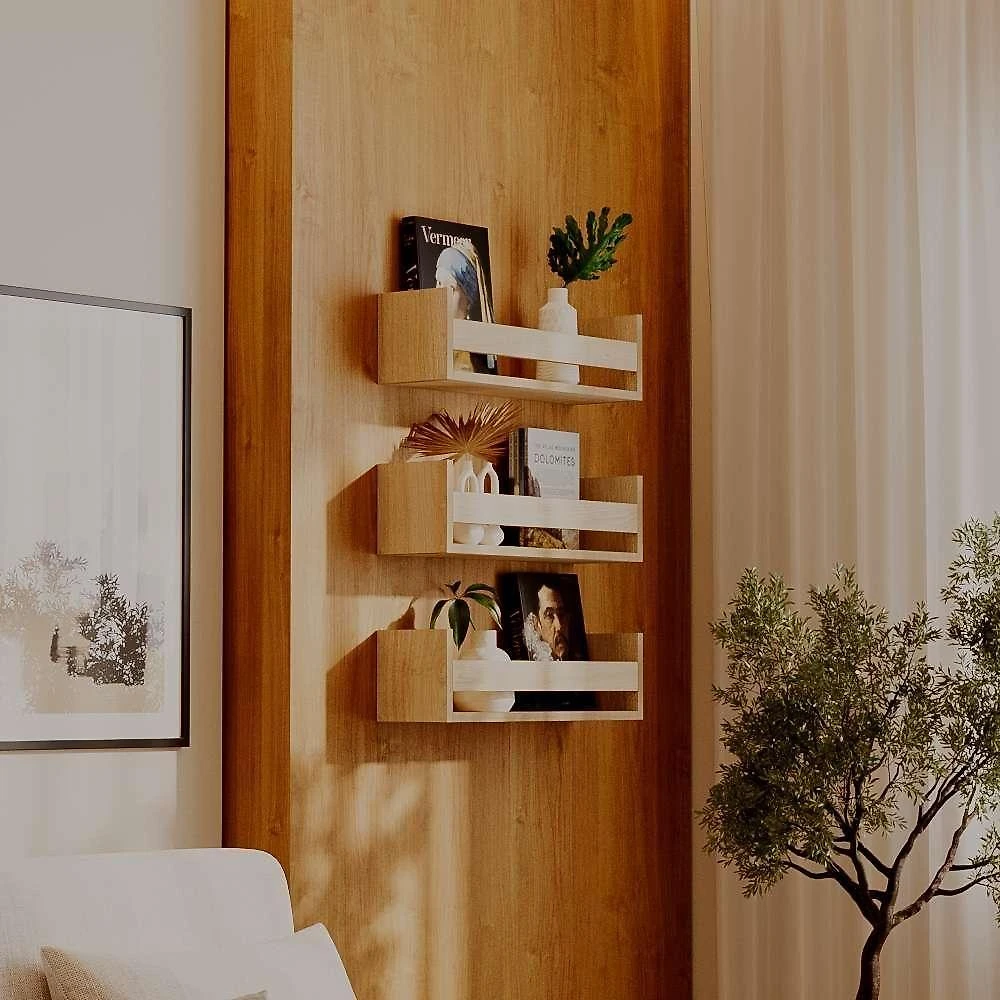 Prateleira Kit 3 Porta Livros Carvalho 70 X 12cm MDF Suporte Invisível Sala Bege Mercado