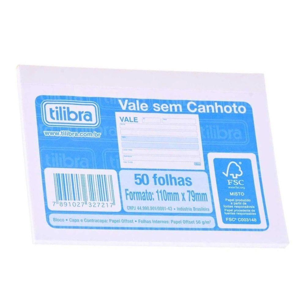Bloco de Vale sem Canhoto Tilibra 50 Folhas FSC 110MM X 79MM