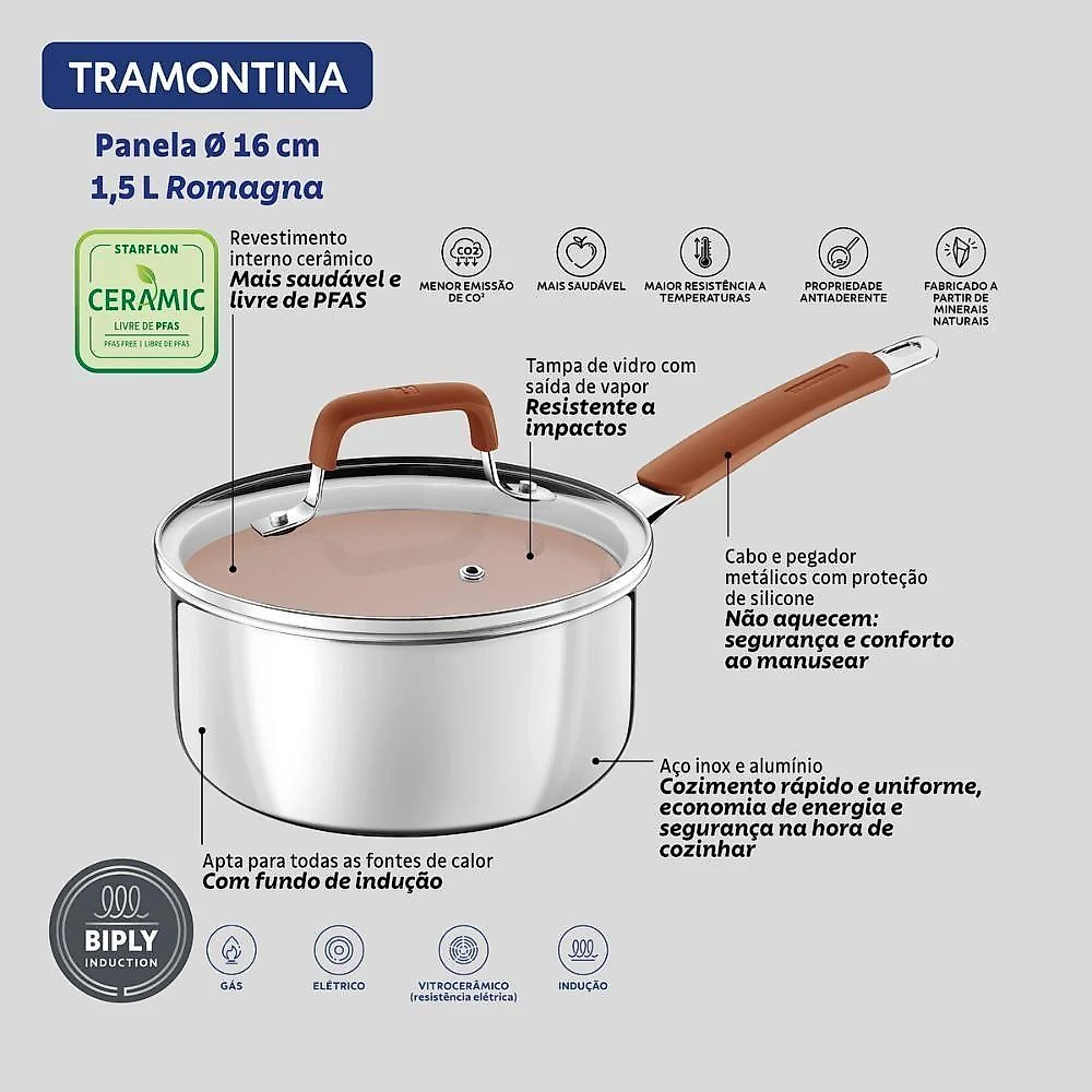 Panela Romagna com Revestimento Cerâmico em Aço Inox e Alumínio para Todos os Fogões Marfim