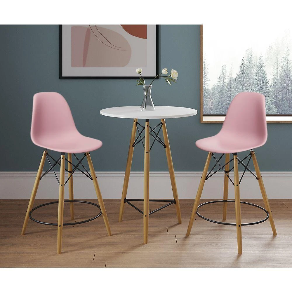 Conjunto Bistrô Eames Eiffel Mesa Branca Com 2 Banquetas Rosas De Madeira