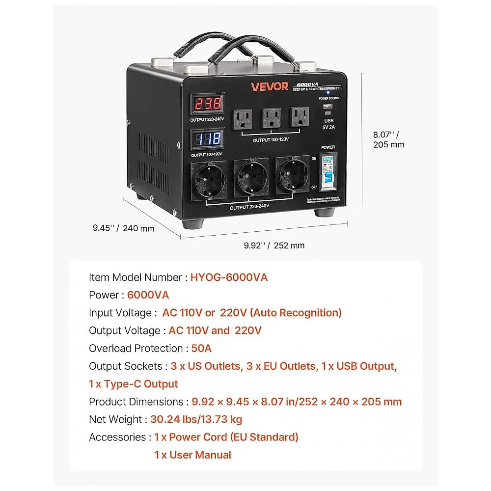 Transformador(Conversor) de Voltagem Automático VEVOR 6000VA Elevação/Redução 110V para 220V/220V para 110V 3 US 3 EU LCD Disjuntor HYMG-6000VA.