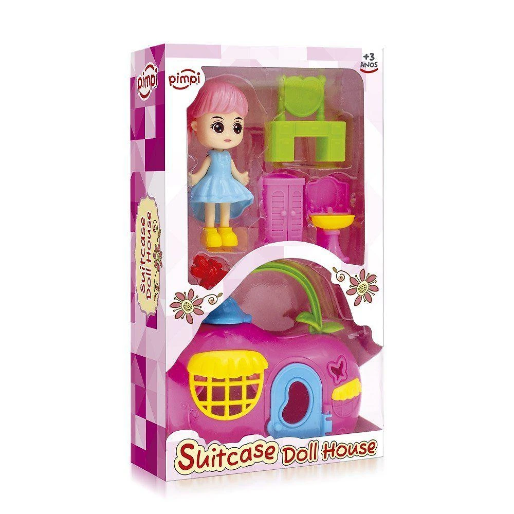 Casa de Boneca Maleta Portátil Suitcase Doll House com Acessórios Pimpi