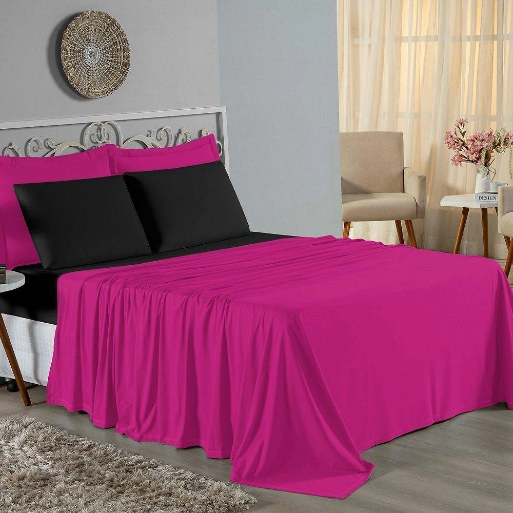 Jogo De Cama Casal Viúva Nobre 4 Peças Malha 100% Algodão - Pink / Preto