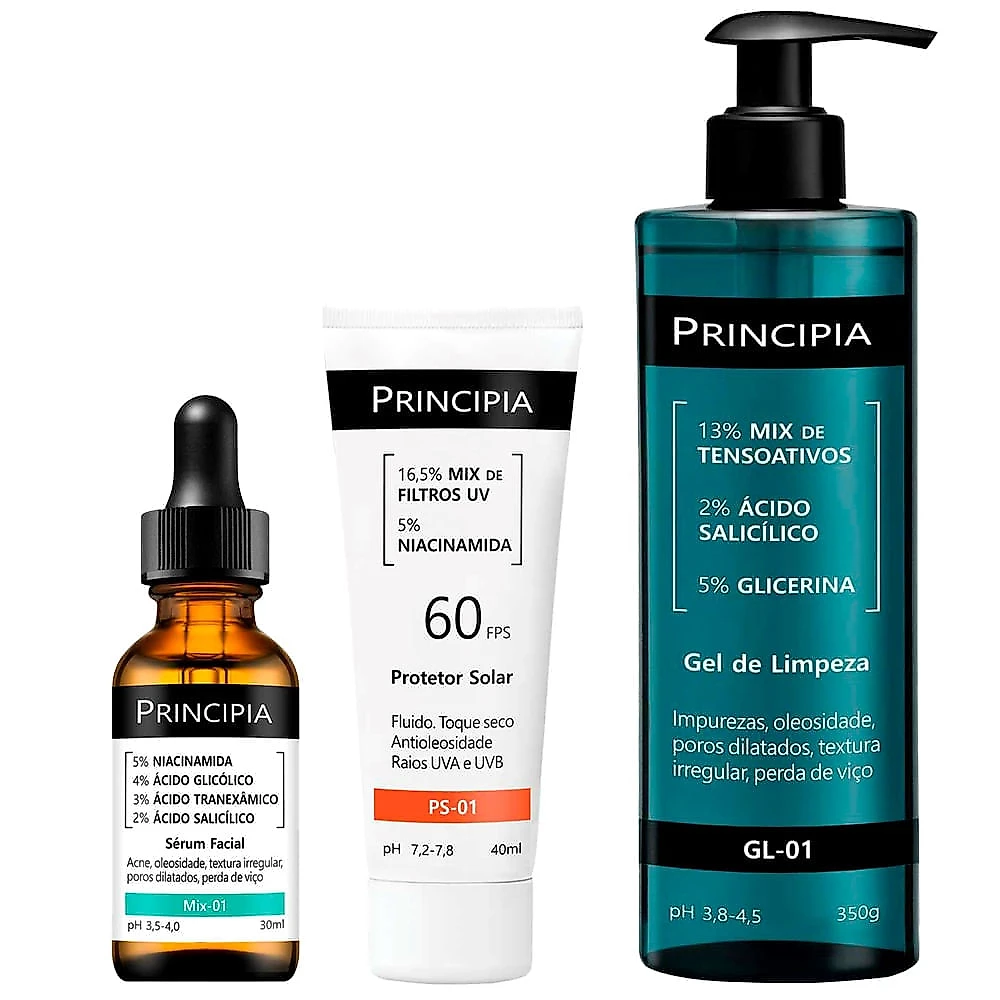Principia Kit - Gel de Limpeza Facial + Sérum + Protetor Solar