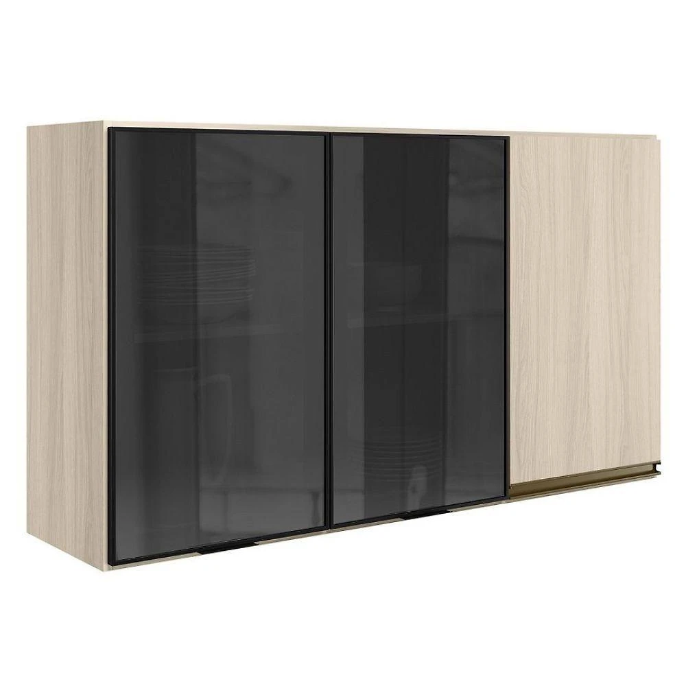 Armário Aéreo Kali Premium 120CM 3 Portas MDF com Porta Giratória Vidro Branco Nicioli Móveis