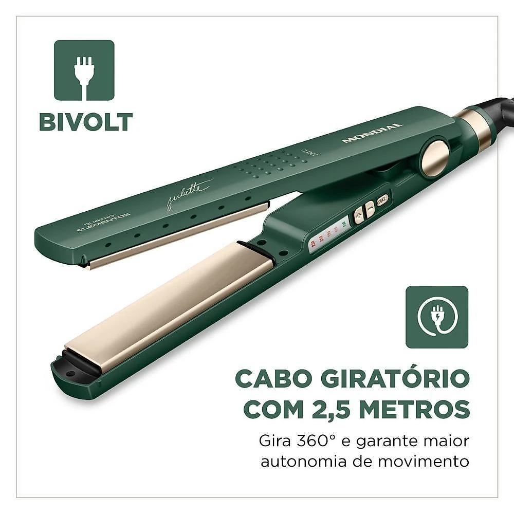Prancha Alisadora By Juliette P-JU-02 Placas Tourmaline 230°C Tecnologia Iônica Verde Oliva Mondial Bivolt