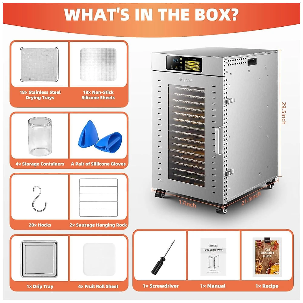 Desidratador de Alimentos em Aço Inoxidável com 18 Bandejas, Temporizador Ajustável e Controle de Temperatura, 110V 15...