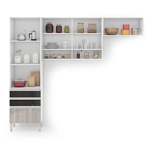 Miniatura Armário de Cozinha Compacta Bartira Jaspe com 6 Portas, 3 Gavetas e 6 Prateleiras - 260,4cm de largura Branco/Cinza