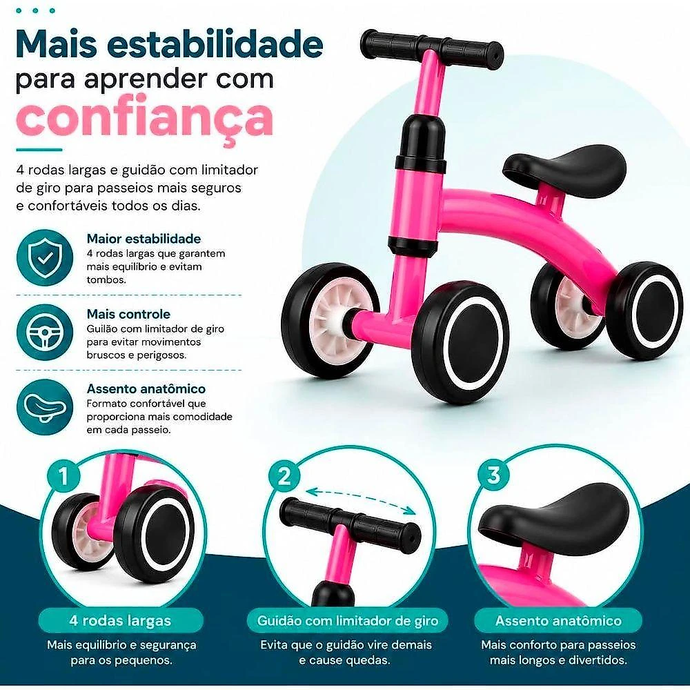 Bicicleta de Equilíbrio Infantil sem Pedal 4 Rodas Assento Anatômico Guidão com Limitador de Giro