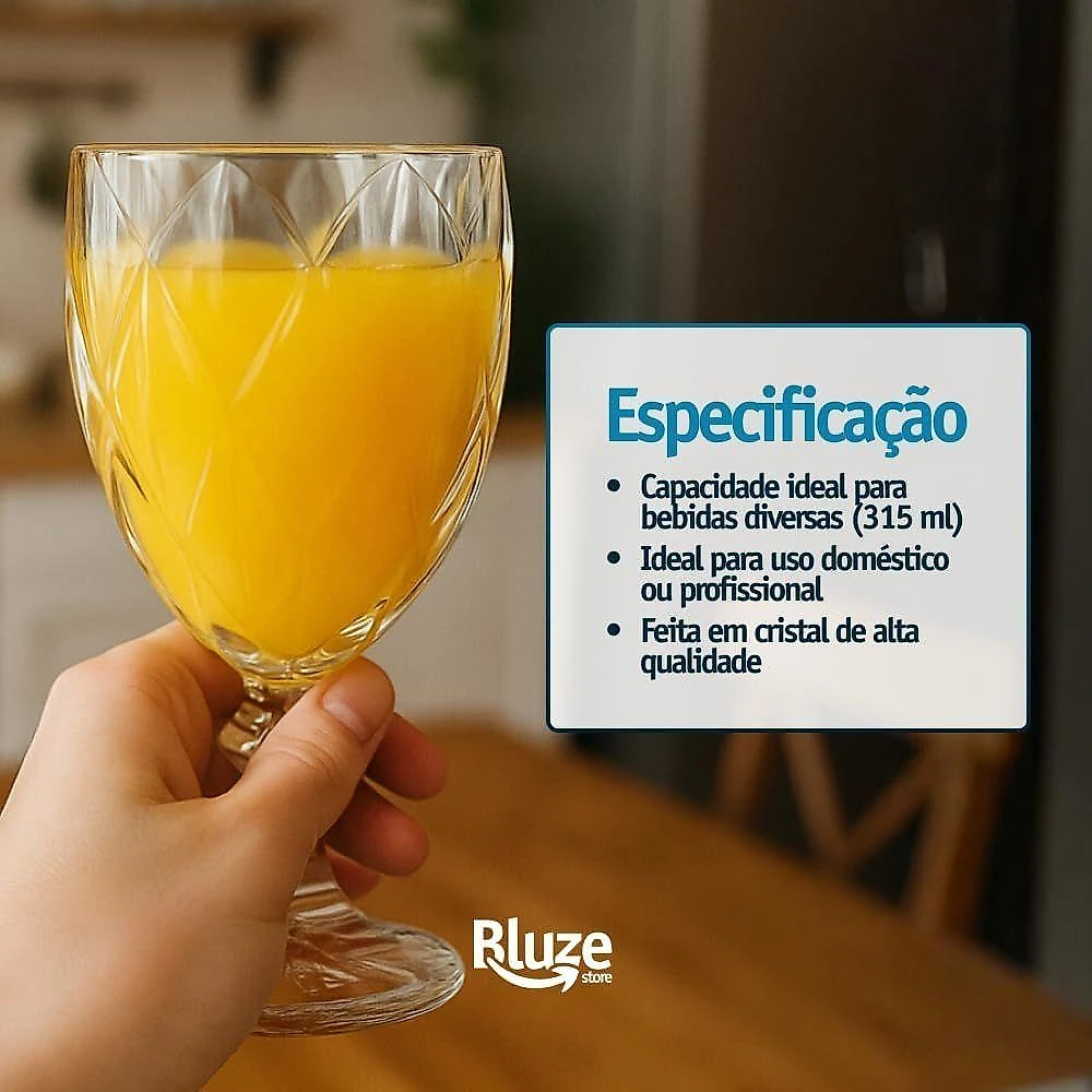 Taça Diamond para Bebidas Vidro Elegante com Padrão Diamante Canelado Transparente 315ML 6 Peças