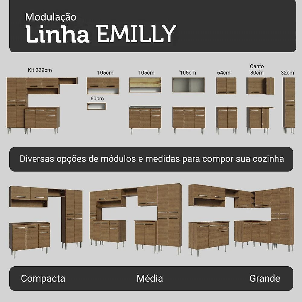 Armário de cozinha compacta 156 cm rustic emilly madesa 03