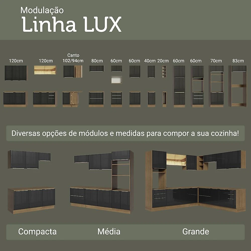 Armário de Cozinha Completa 240 cm Rustic/Preto Lux Madesa 09