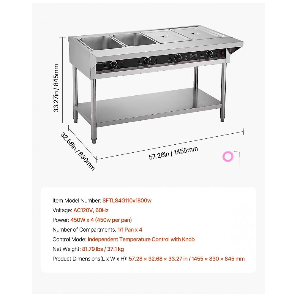 Aquecedor de Alimentos a Vapor VEVOR 4 Cubas Inox Buffet Temperatura Independente 1800W 110V