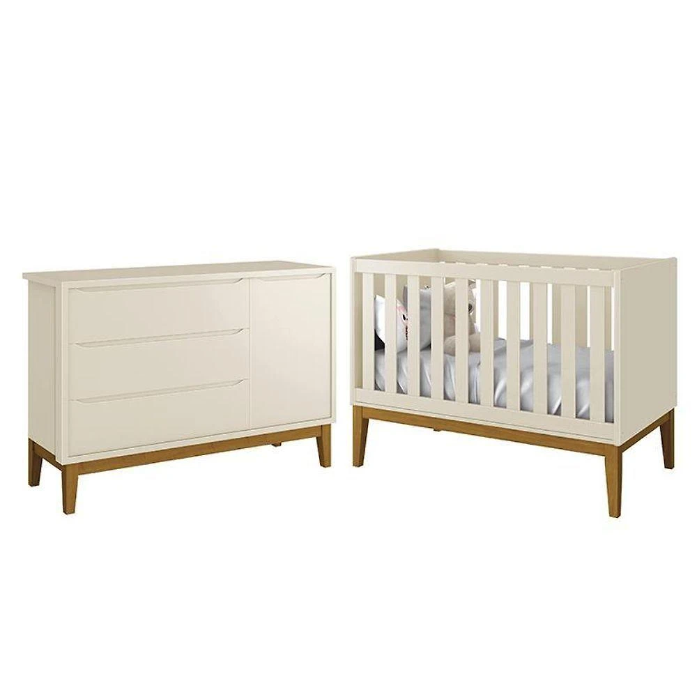 Jogo De Quarto Infantil Cômoda 1 Porta E Berço Classic Areia Fosco Com Pés Amadeirado - Reller Móveis Areia Fosco
