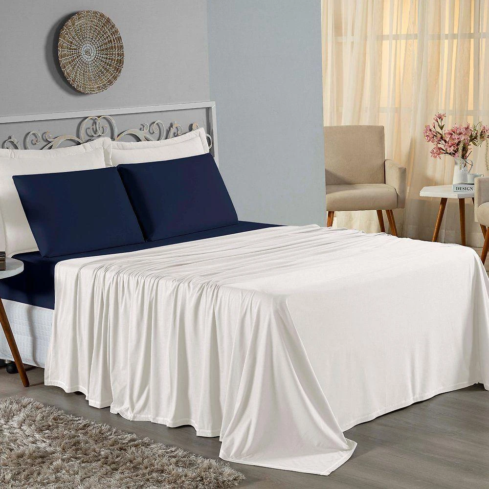 Jogo De Cama Casal Nobre 4 Peças Lençol Com Elástico De 30cm De Altura Malha 100% Algodão - Palha / Azul-marinho