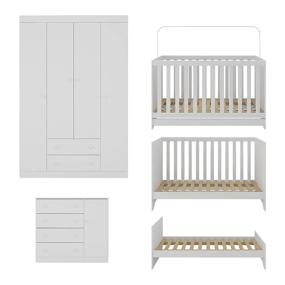 Quarto de Bebê Completo com Berço Americano 3 em 1 p/Colchão 130x70cm Encanto Multimóveis MP4581 Branco