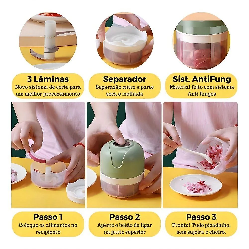 Mini Processador de Alimentos Moedor de Alimentos 250ml Transparente USB 110V