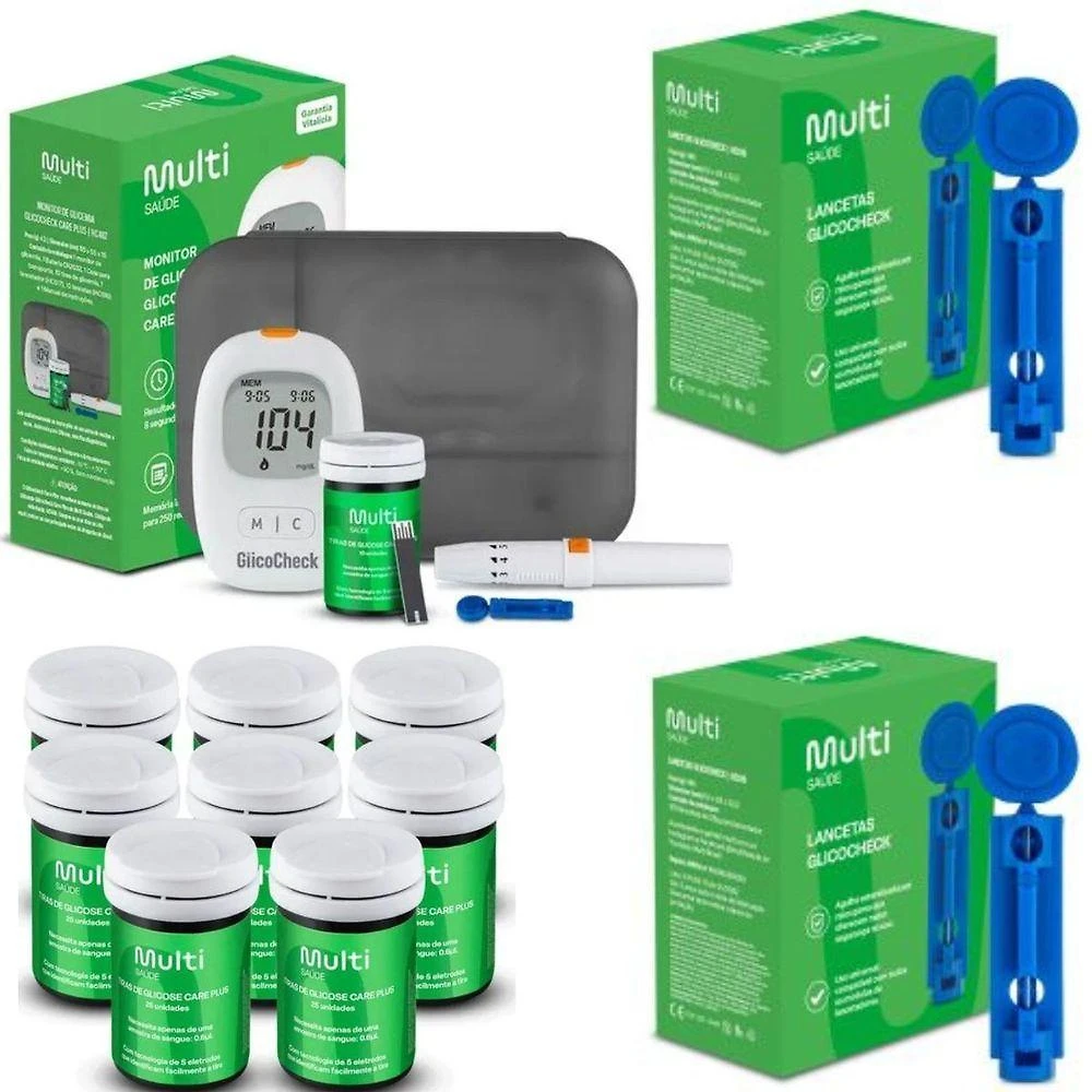 Kit Monitor de Glicemia Multisaúde Glicocheck Care Plus 210 Tiras e 200 Lancetas