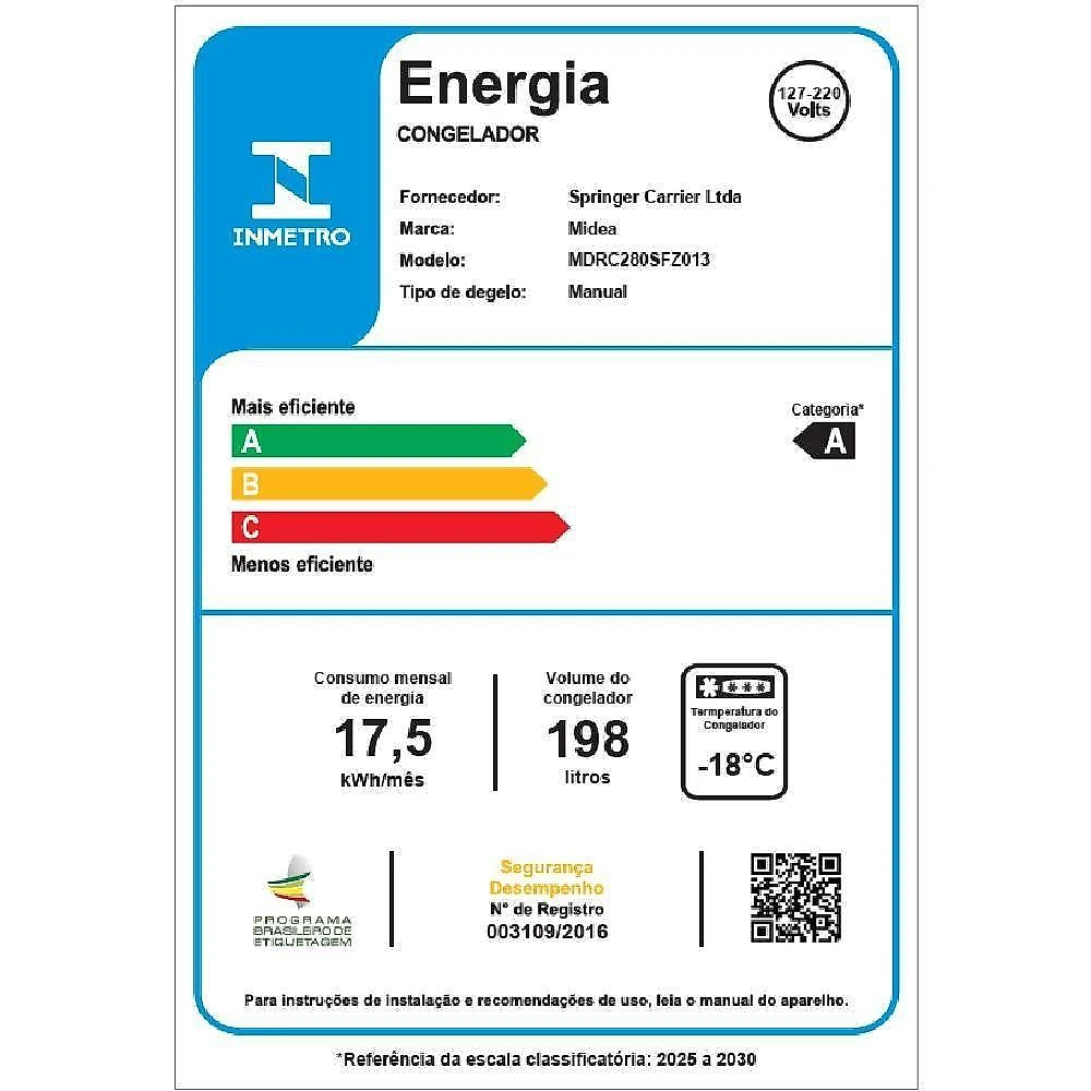 Freezer midea horizontal 198l 1 porta branco bivolt (mdrc280sfz013)