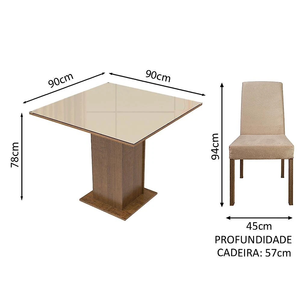 Miniatura Conjunto Sala de Jantar Madesa Evelin Mesa Tampo de Vidro com 4 Cadeiras Rustic/Crema/Imperial