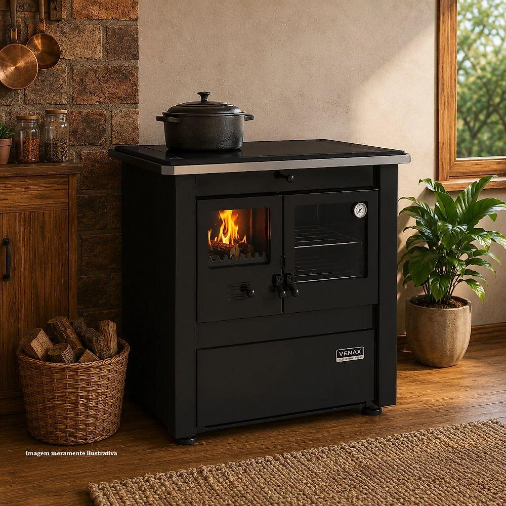Fogão a Lenha N2 Le Corbusier Dupla Combustão Venax com Forno 40L Preto