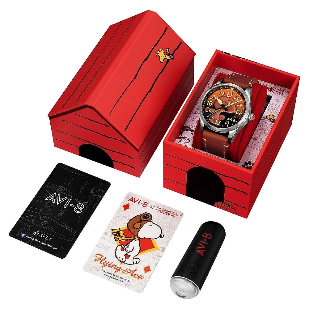 Relógio AVI-8 Spitfire Peanuts Snoopy Flying Ace Automatic Burnt Orange AV-4150-02