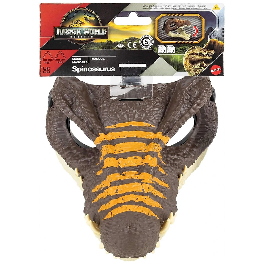 Máscara infantil Mattel Jurassic World Rebirth Spinosaurus em plástico com mandíbula articulada, textura realista e alça ajustável